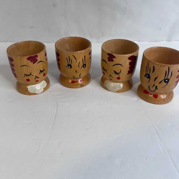 VTG Wooden Hand Painted Faces Egg Cups Holders Displays Kitschy Set of 4 - Picture 6 of 6